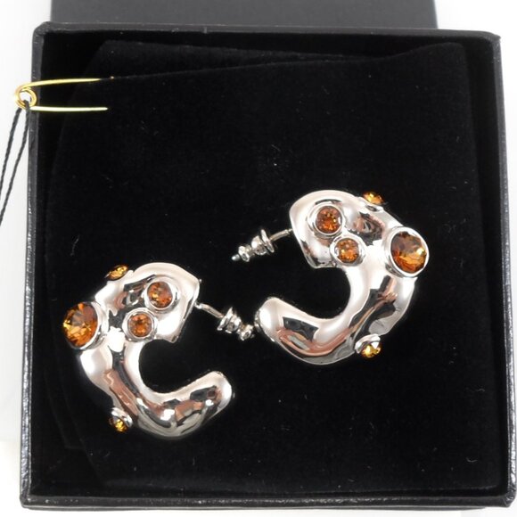 NWT$725 Dries Van Noten Brass Silver Colored Crystal Embellished Hoop Earrings - Picture 9 of 16